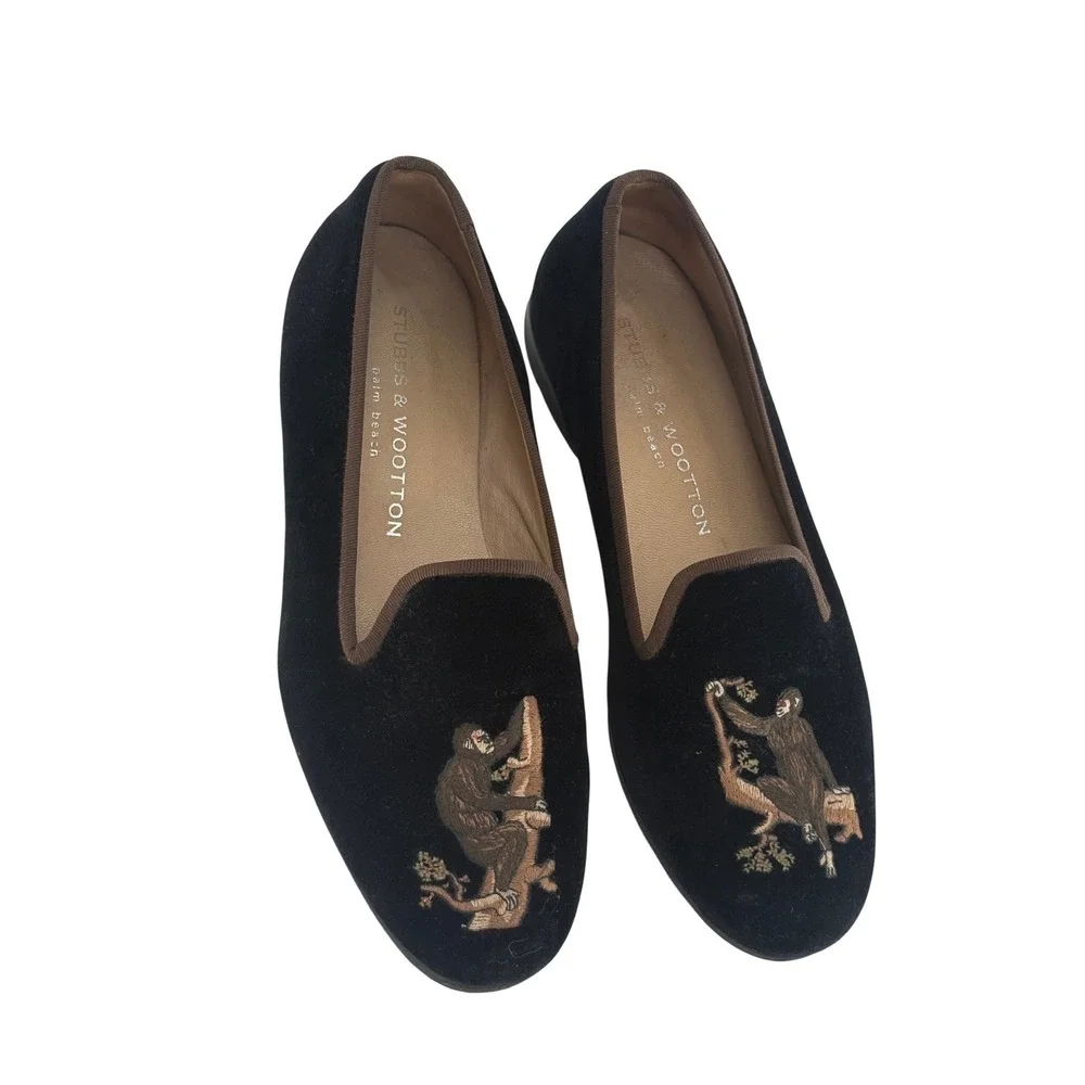 Stubbs & Wootton Velvet‎ Slippers Loafers Monkey Women Size 7 Black